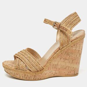 Stuart Weitzman Beige Raffia Cork Wedge Sandals, Size 10